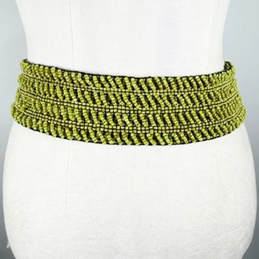 Statement Beaded Lime Green Wide Belt Wood & Mosaic Inlay Buckle Boho Size OS - Picture 5 of 9